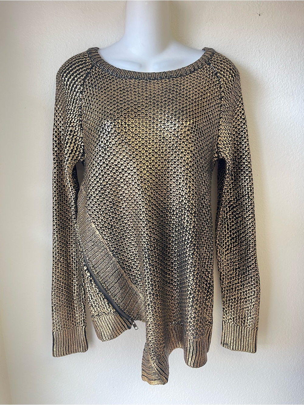 Saks Fifth Avenue Gold and Black Metallic Knit Crewneck Sweater